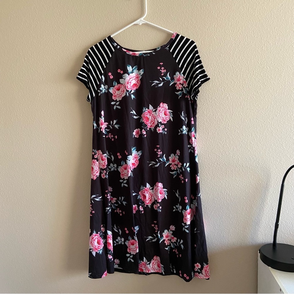 No Brand | Floral Striped Shoulder Knee Length Flowy Swing Dress Summer Casual